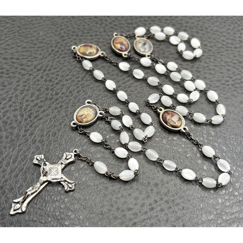 VTG Rosary Necklace White Beads Crucifix Medal Enamel Stations Silver Tone 26"